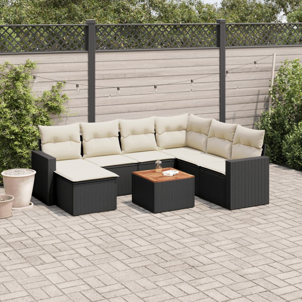 8-delige Loungeset met kussens poly rattan zwart