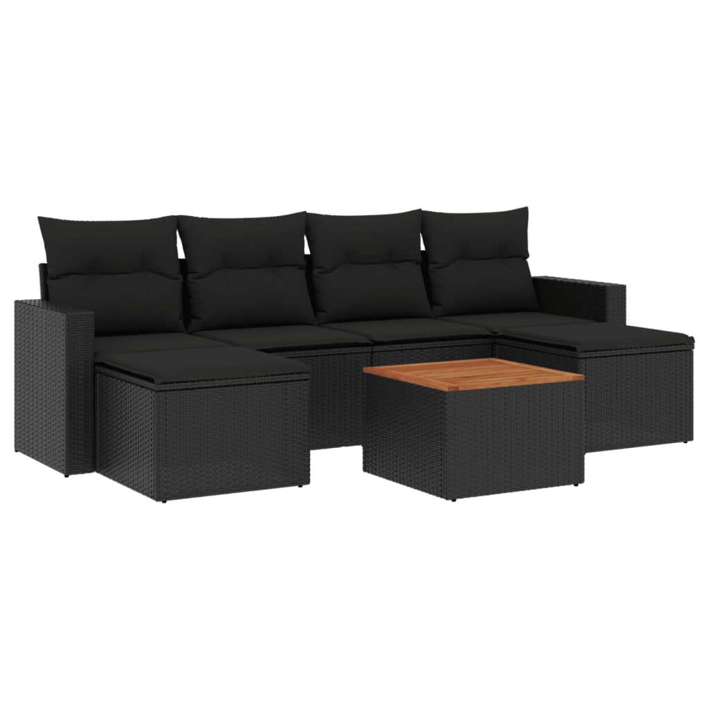 7-delige Loungeset met kussens poly rattan zwart