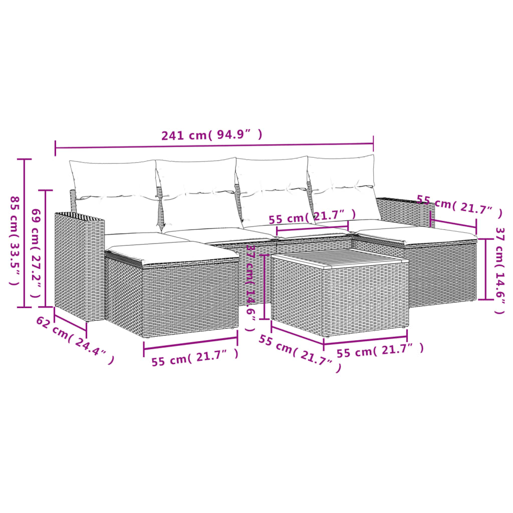 7-delige Loungeset met kussens poly rattan zwart