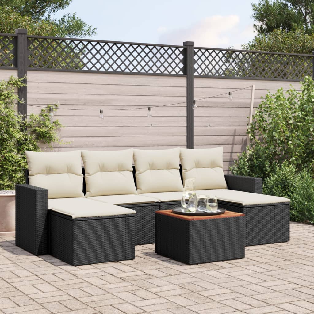 7-delige Loungeset met kussens poly rattan zwart