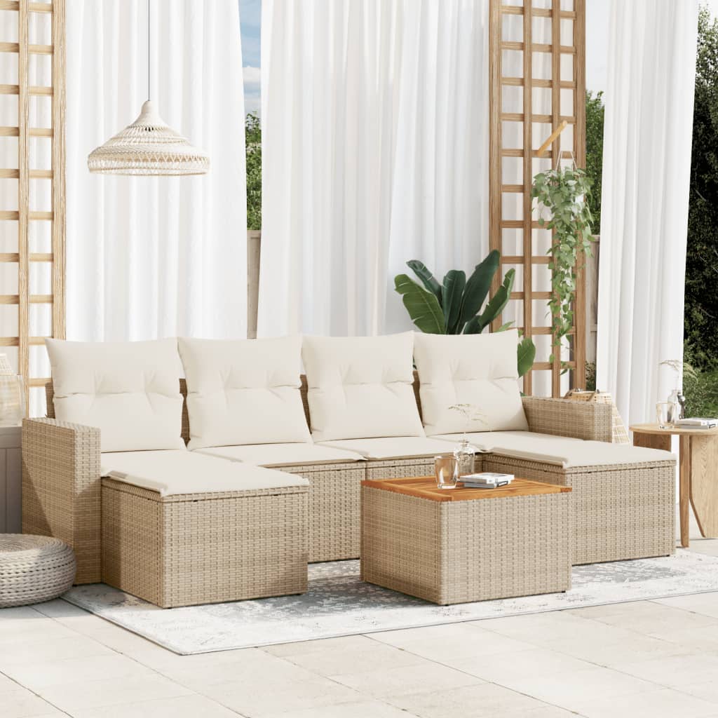 7-delige Loungeset met kussens poly rattan beige