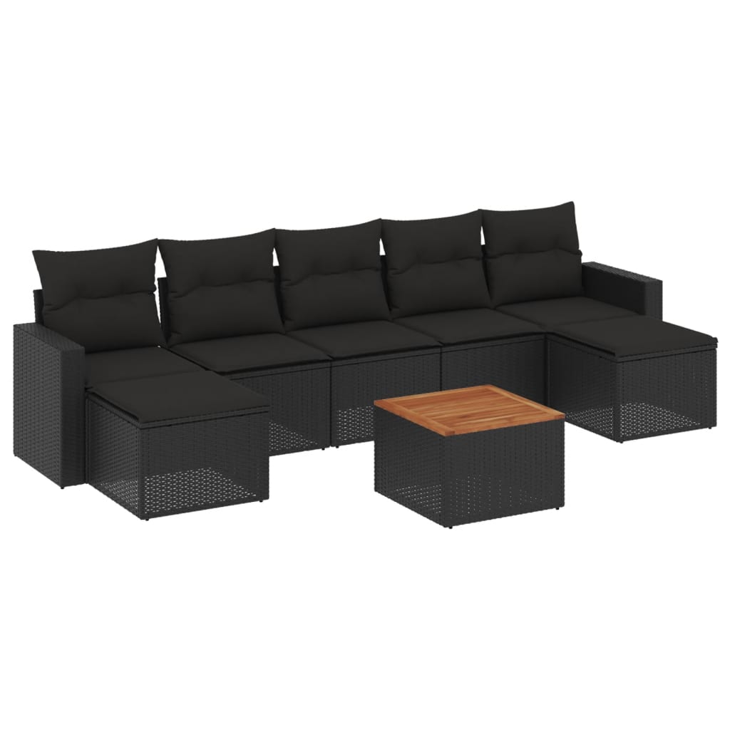 8-delige Loungeset met kussens poly rattan zwart