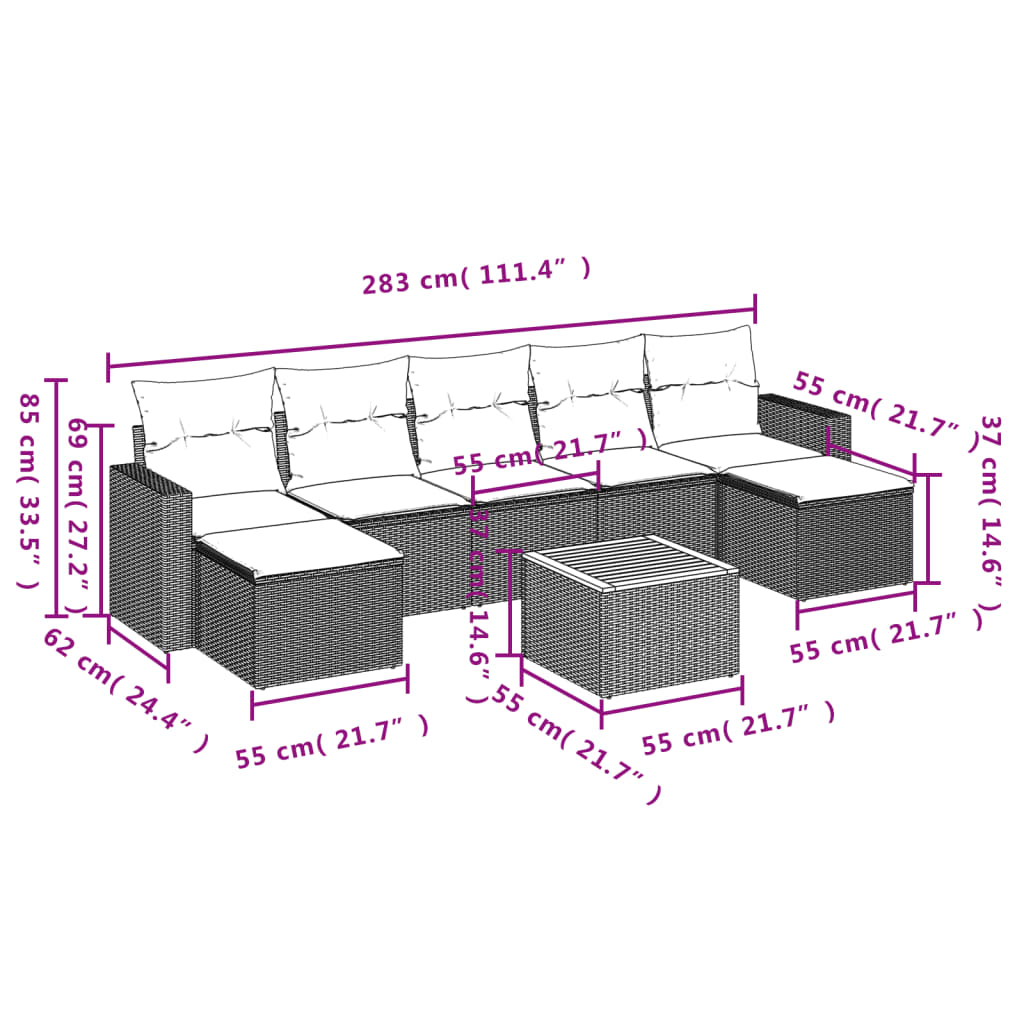 8-delige Loungeset met kussens poly rattan zwart