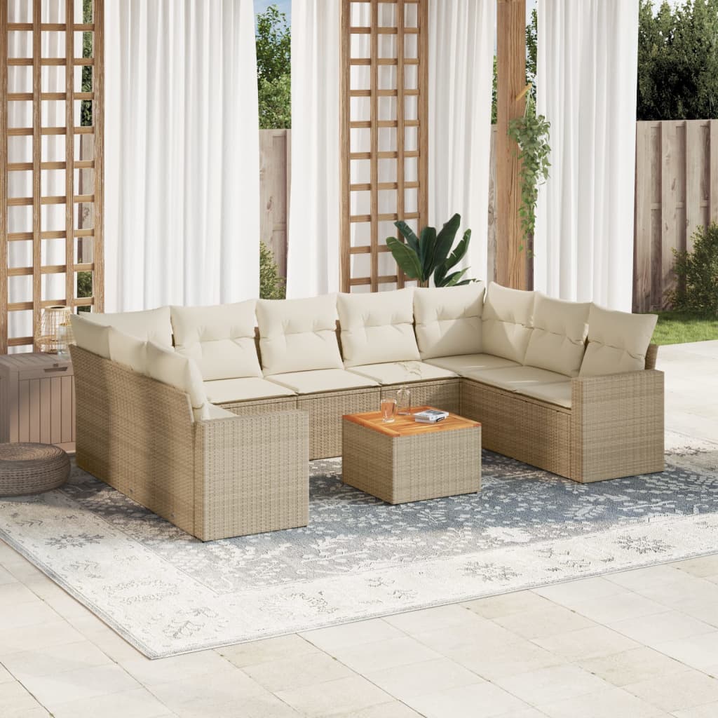 10-delige Loungeset met kussens poly rattan beige