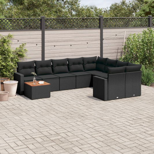 10-delige Loungeset met kussens poly rattan zwart