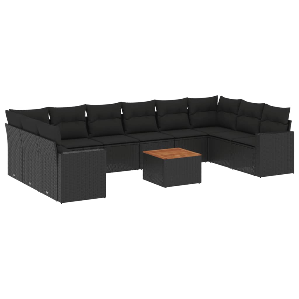 11-delige Loungeset met kussens poly rattan zwart