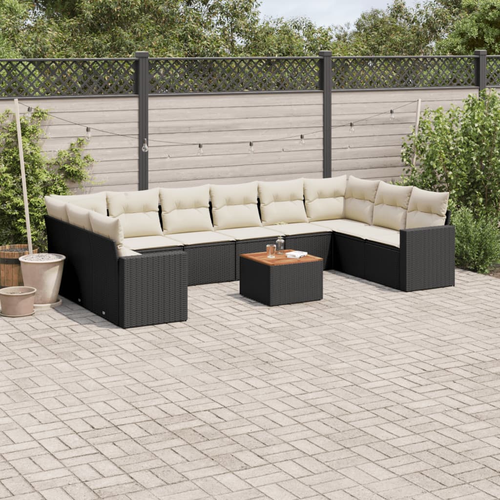 11-delige Loungeset met kussens poly rattan zwart