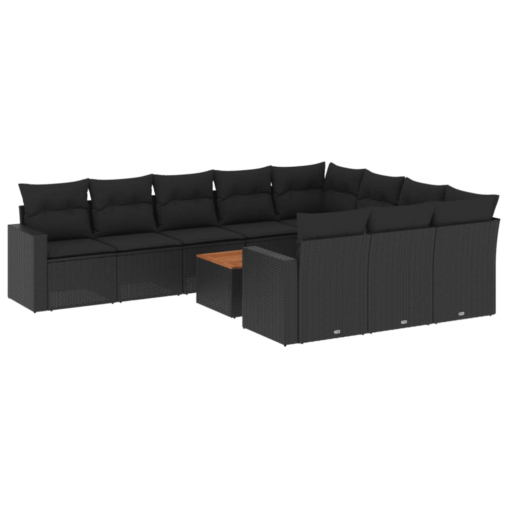 11-delige Loungeset met kussens poly rattan zwart