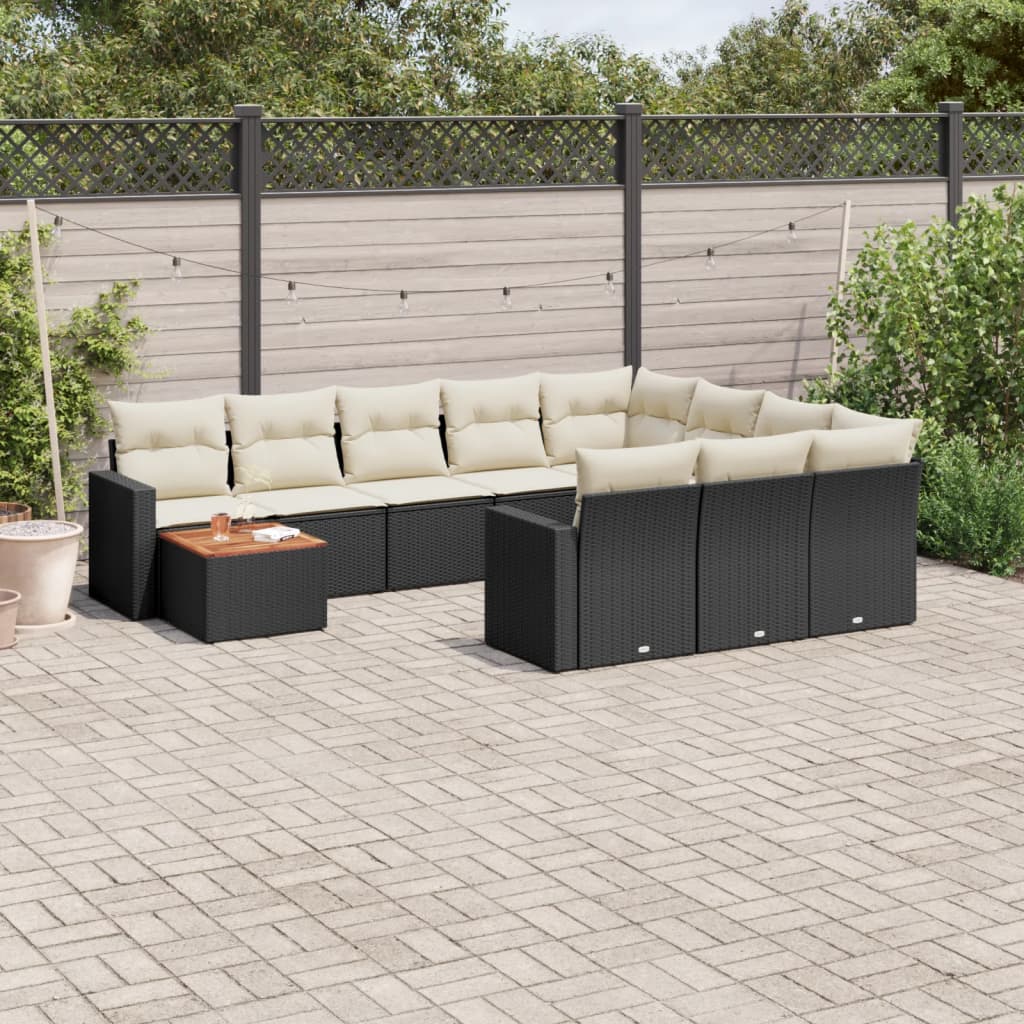 11-delige Loungeset met kussens poly rattan zwart