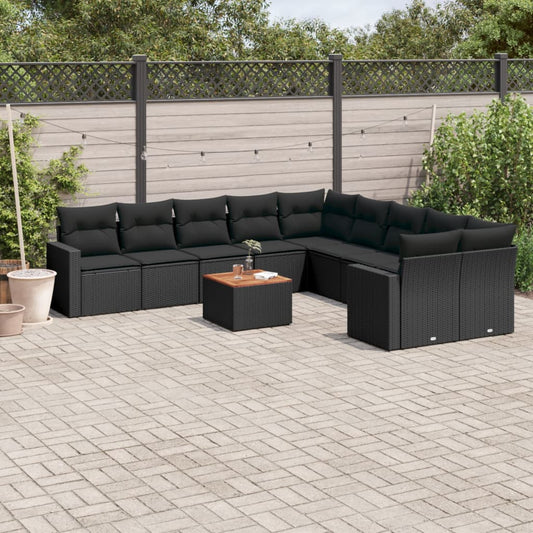 11-delige Loungeset met kussens poly rattan zwart