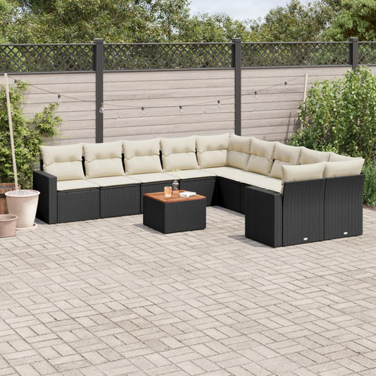 11-delige Loungeset met kussens poly rattan zwart