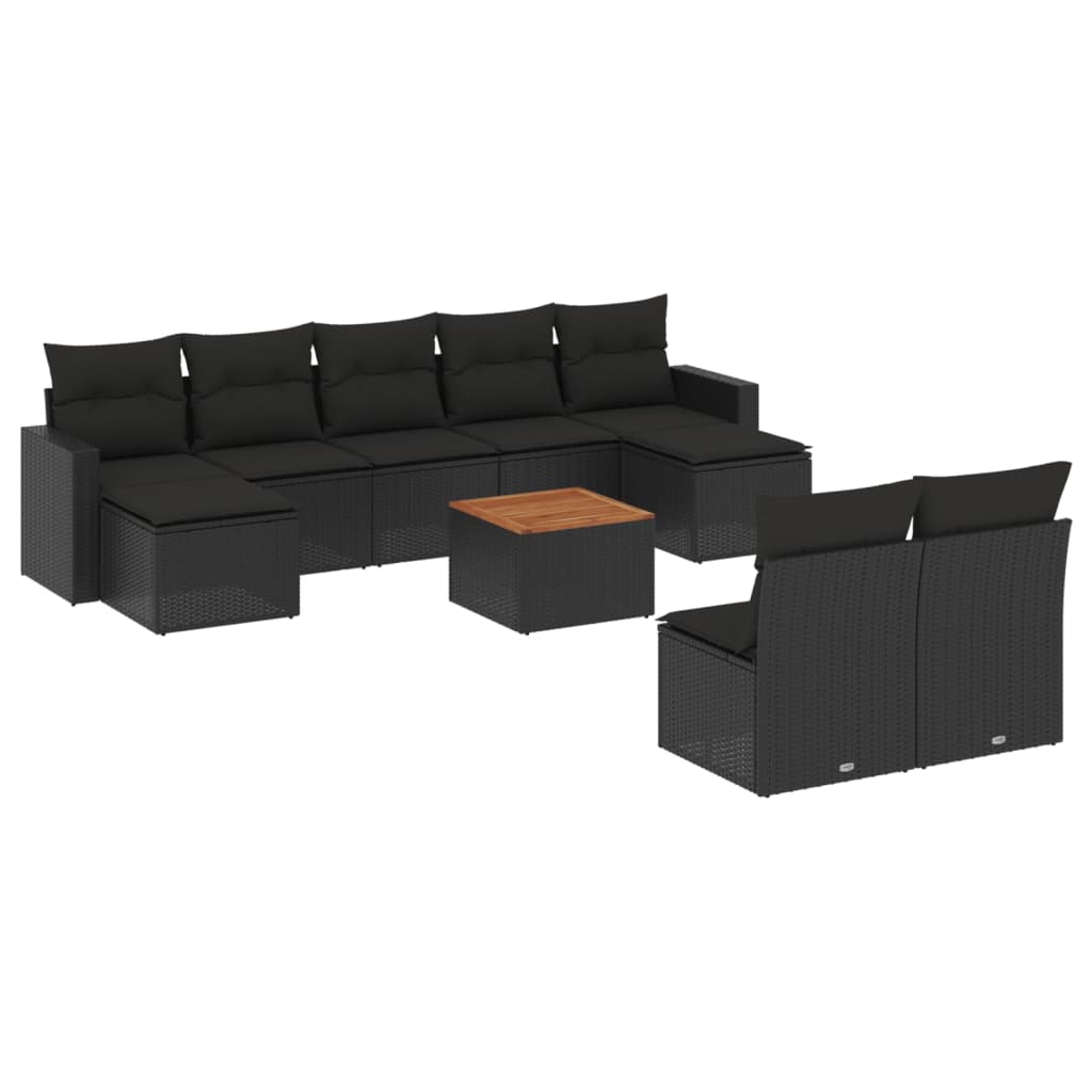 10-delige Loungeset met kussens poly rattan zwart