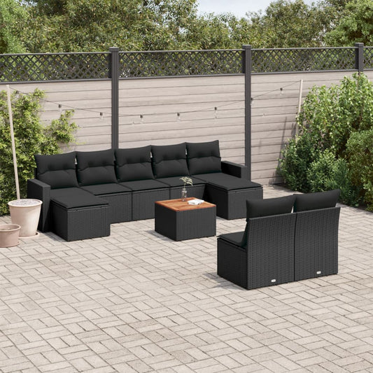 10-delige Loungeset met kussens poly rattan zwart