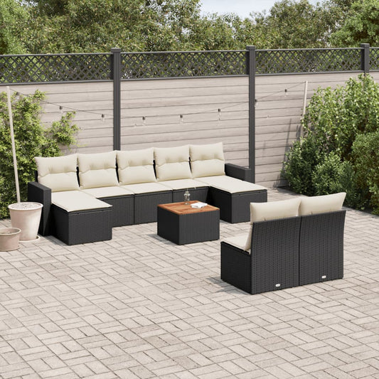 10-delige Loungeset met kussens poly rattan zwart