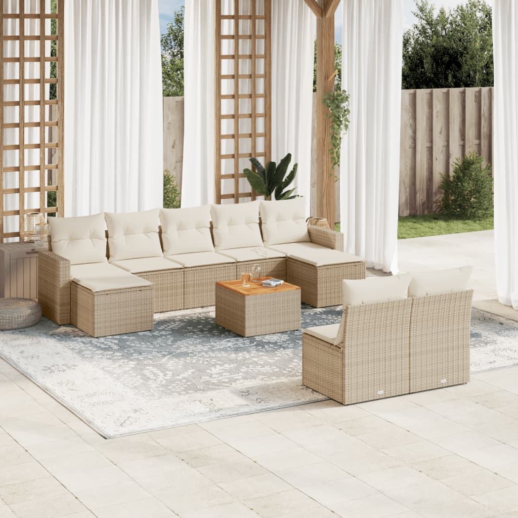 10-delige Loungeset met kussens poly rattan beige