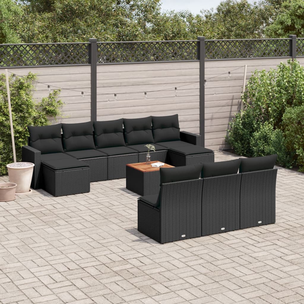 11-delige Loungeset met kussens poly rattan zwart