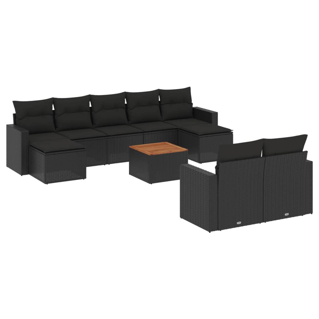 10-delige Loungeset met kussens poly rattan zwart