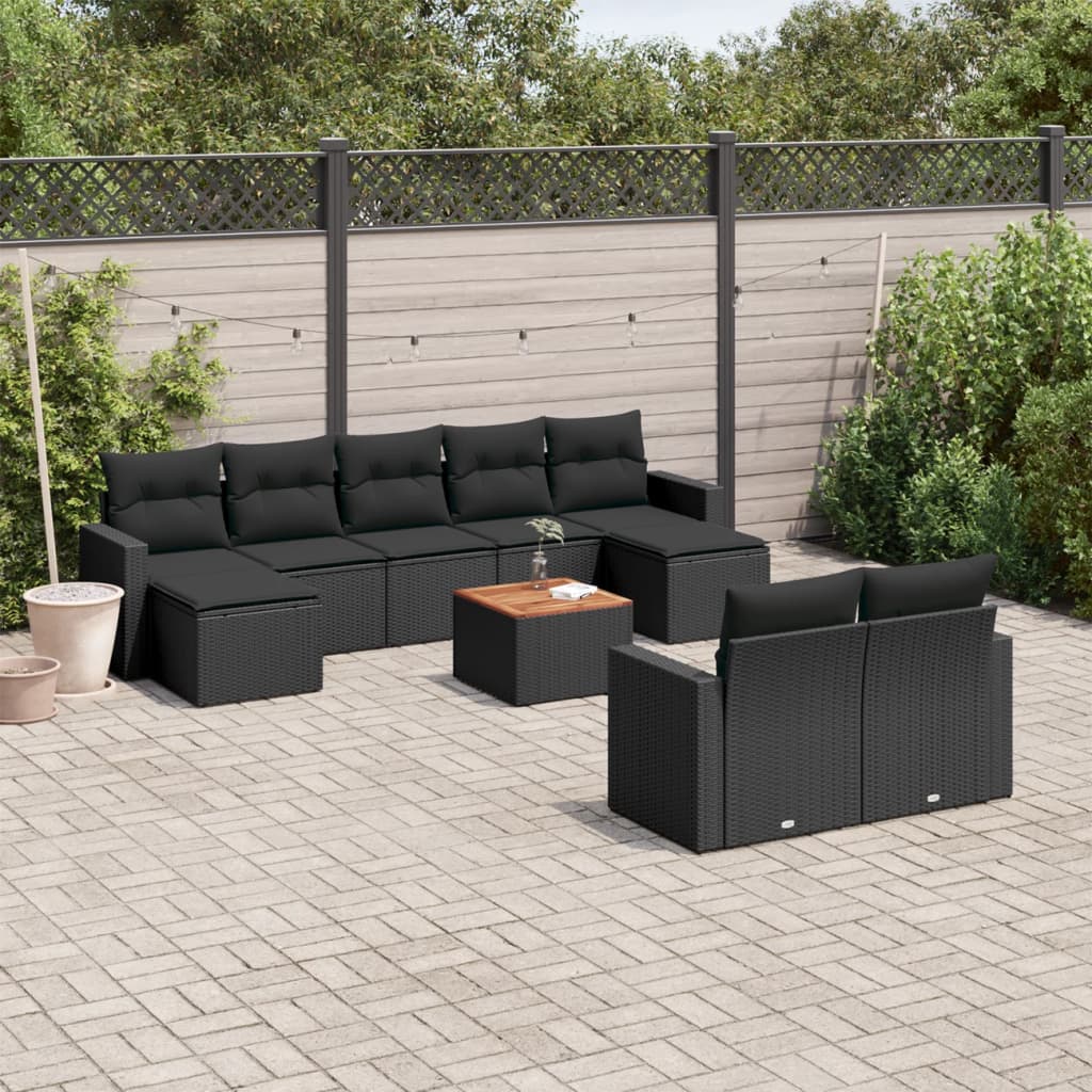 10-delige Loungeset met kussens poly rattan zwart