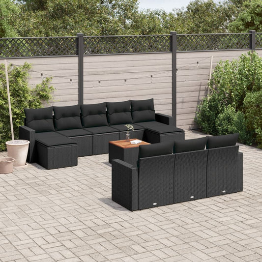 11-delige Loungeset met kussens poly rattan zwart