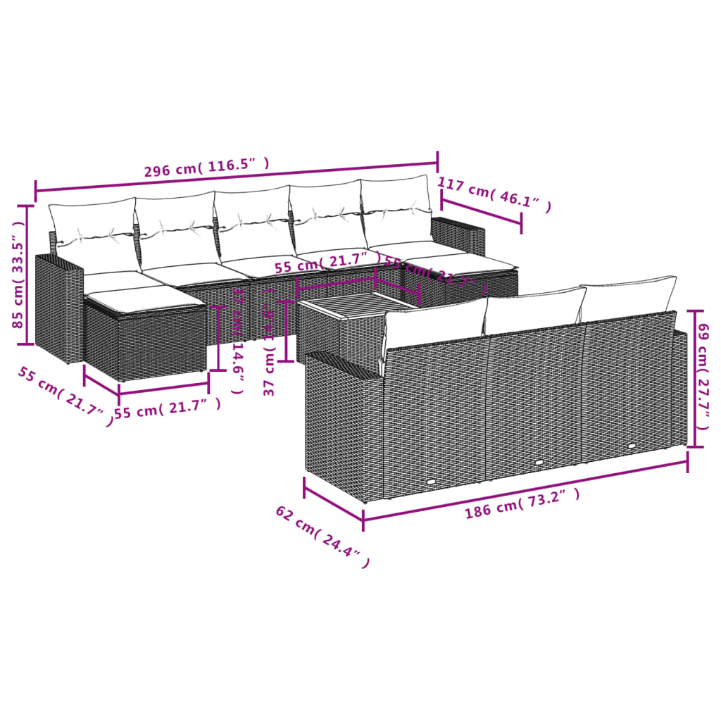 11-delige Loungeset met kussens poly rattan zwart