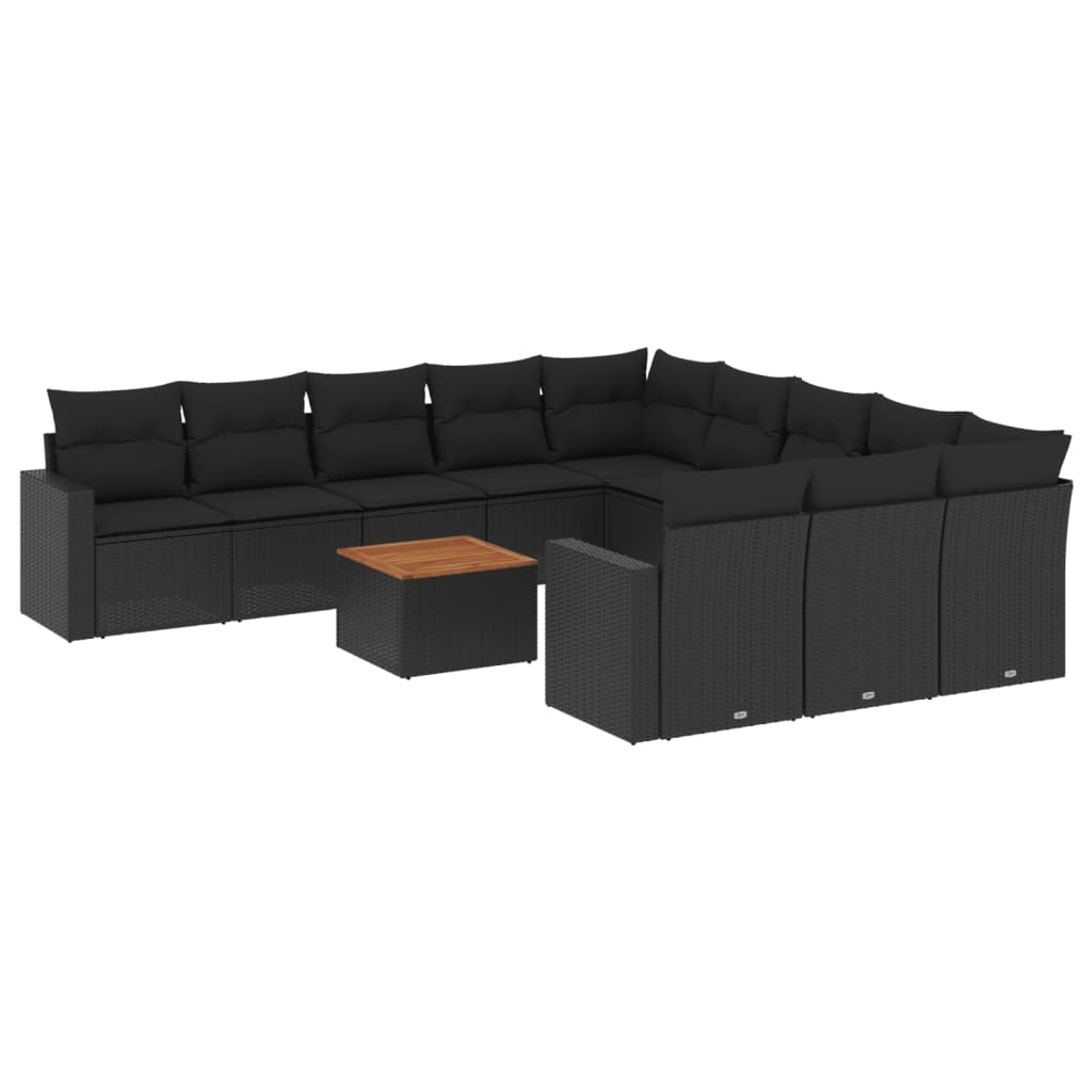 12-delige Loungeset met kussens poly rattan zwart