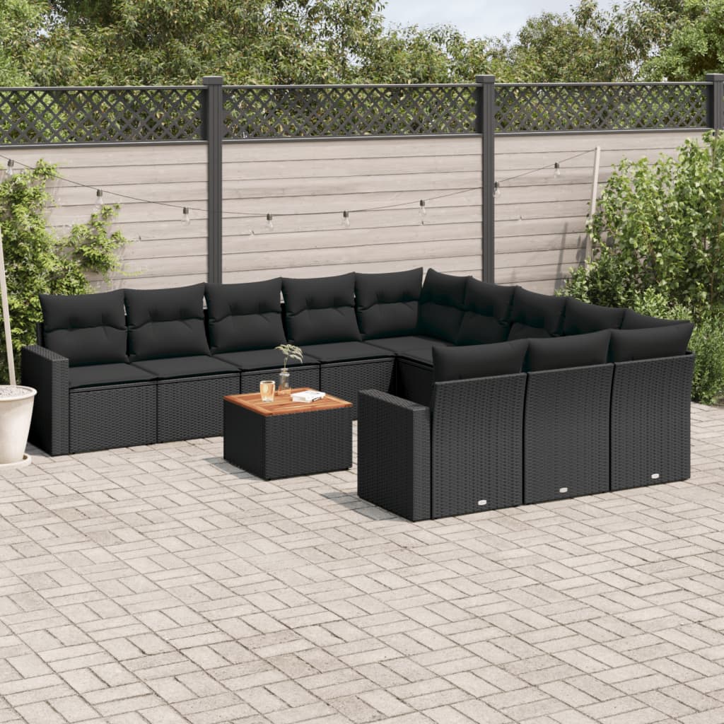 12-delige Loungeset met kussens poly rattan zwart