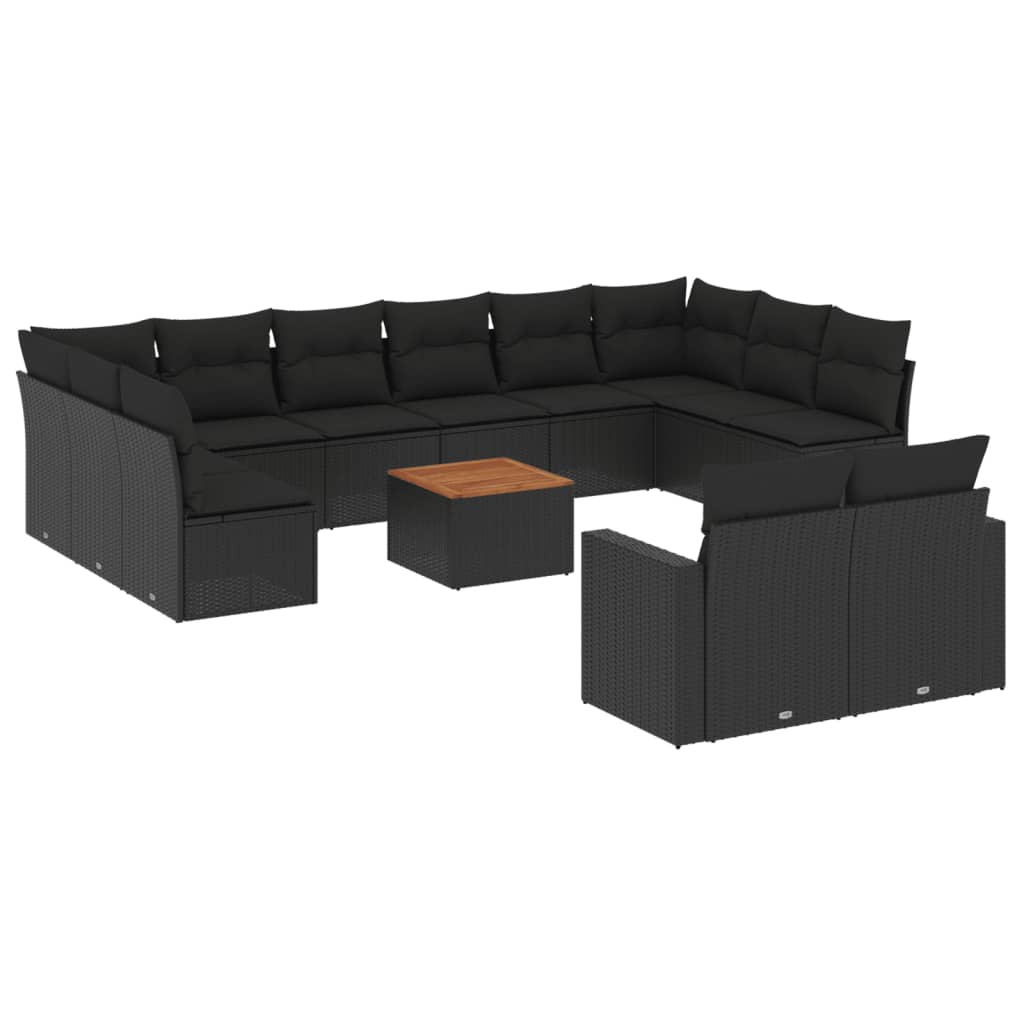 13-delige Loungeset met kussens poly rattan zwart