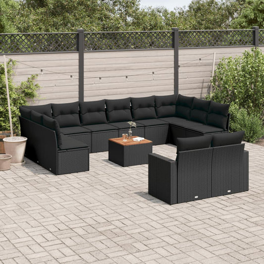 13-delige Loungeset met kussens poly rattan zwart