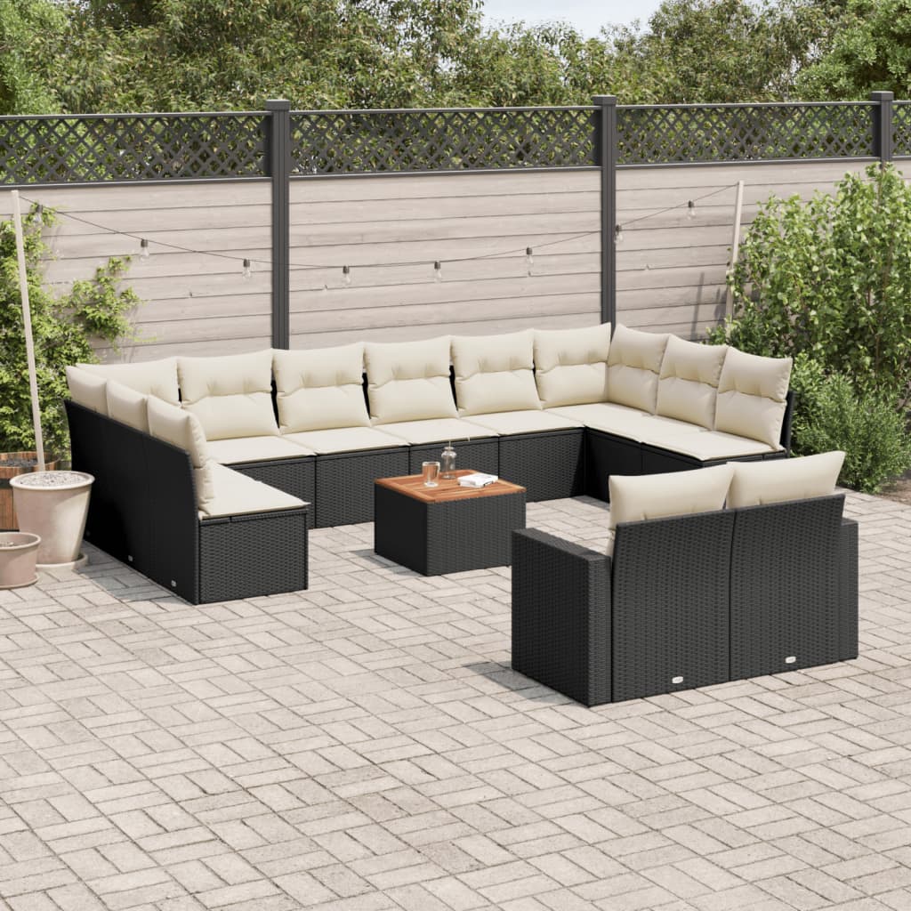 13-delige Loungeset met kussens poly rattan zwart