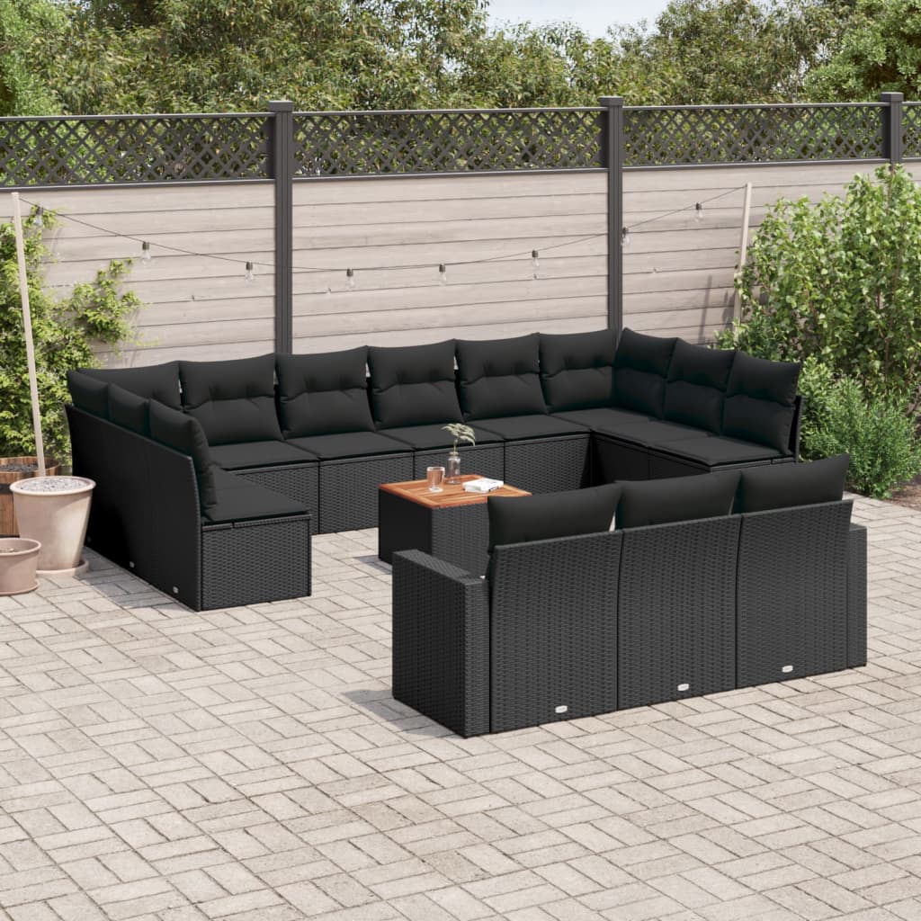 14-delige Loungeset met kussens poly rattan zwart