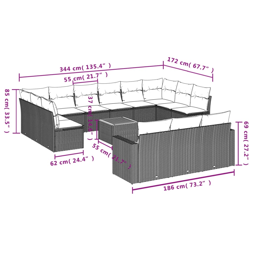 14-delige Loungeset met kussens poly rattan beige