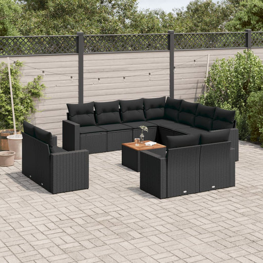 12-delige Loungeset met kussens poly rattan zwart