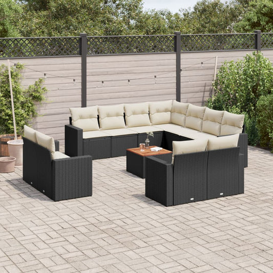 12-delige Loungeset met kussens poly rattan zwart