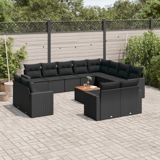 13-delige Loungeset met kussens poly rattan zwart