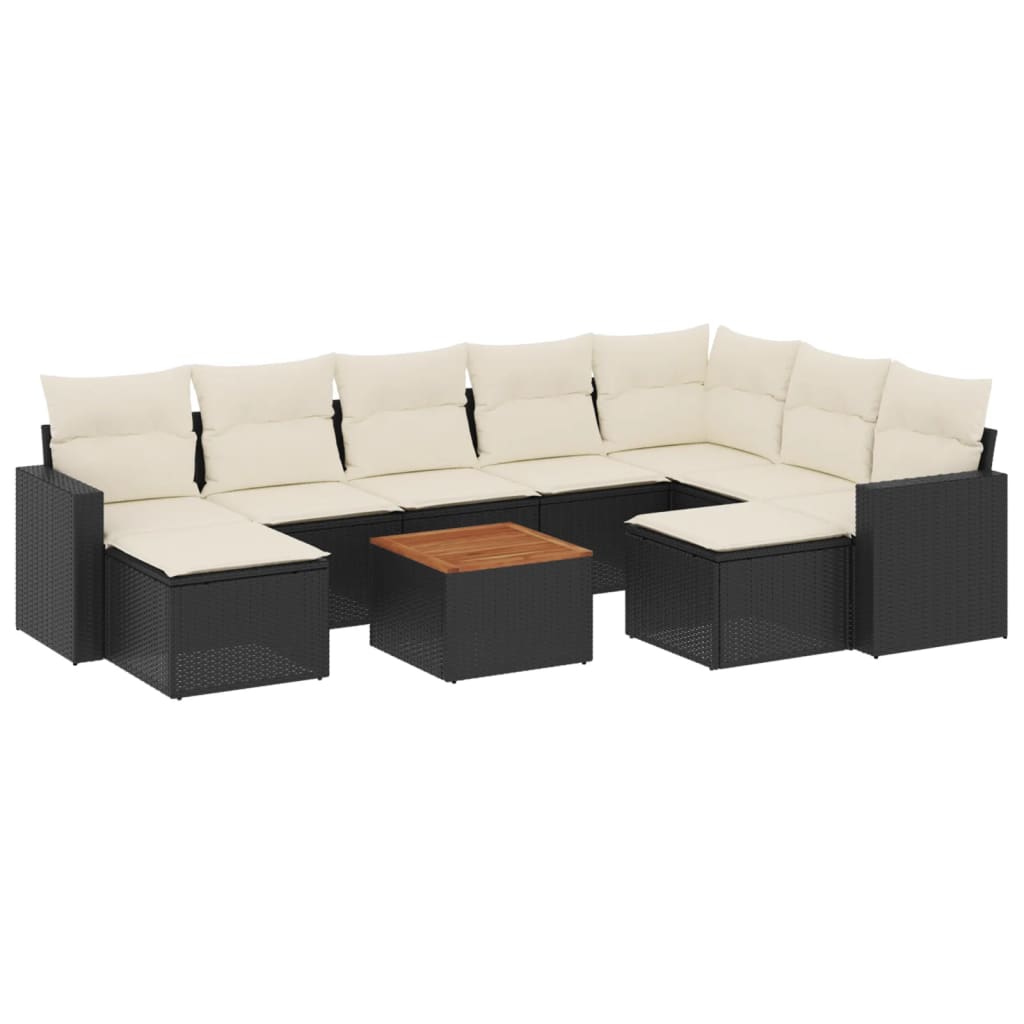 10-delige Loungeset met kussens poly rattan zwart