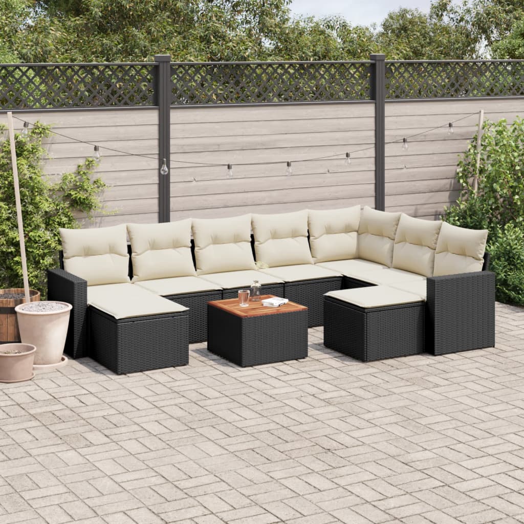 10-delige Loungeset met kussens poly rattan zwart