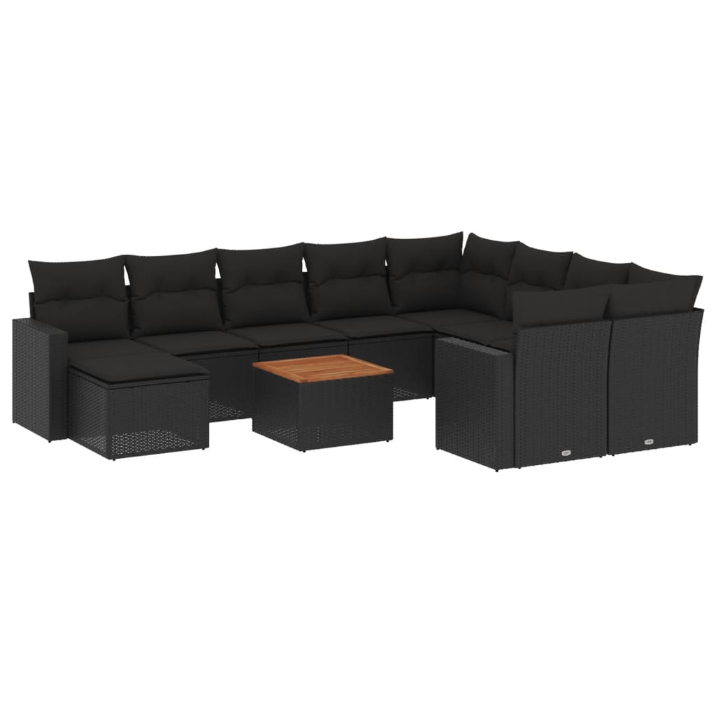 11-delige Loungeset met kussens poly rattan zwart