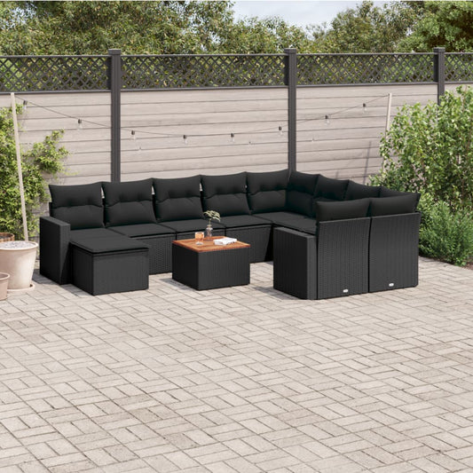 11-delige Loungeset met kussens poly rattan zwart