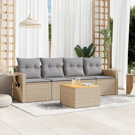 5-delige Loungeset met kussens poly rattan gemengd beige