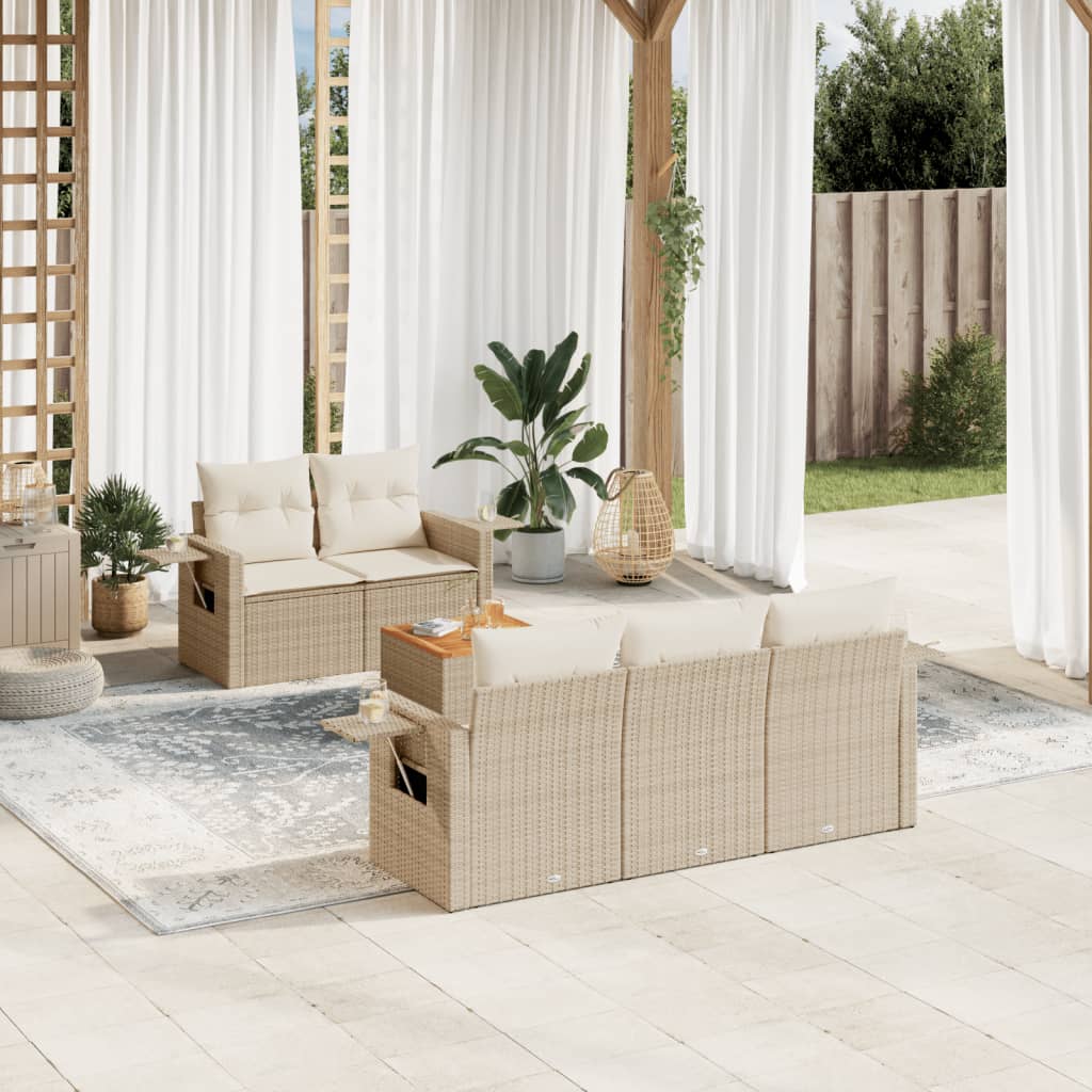 6-delige Loungeset met kussens poly rattan beige