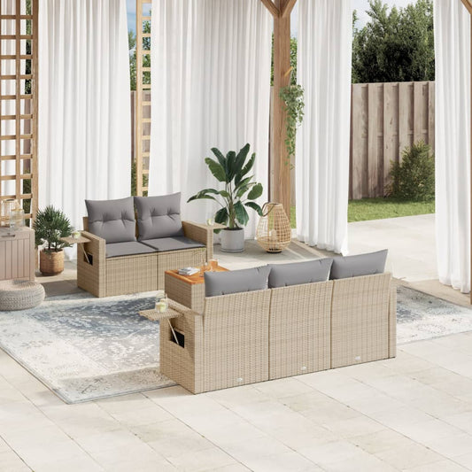 6-delige Loungeset met kussens poly rattan gemengd beige