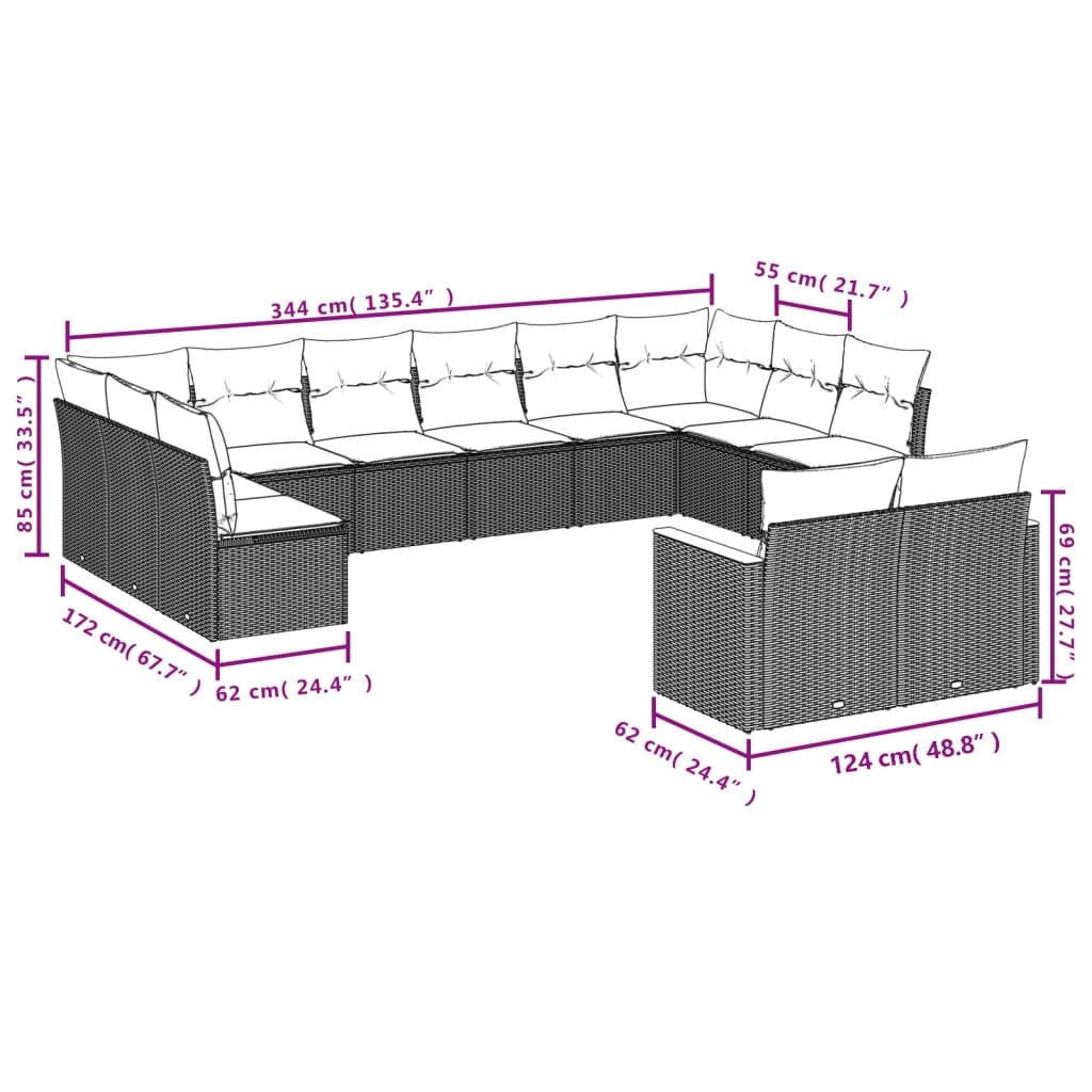 7-delige Loungeset met kussens poly rattan gemengd beige