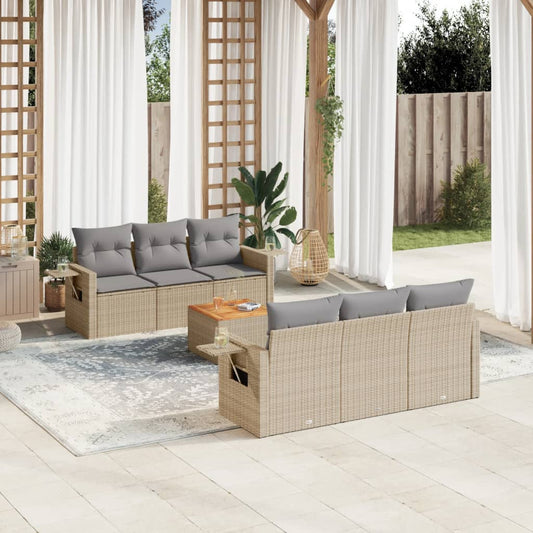 7-delige Loungeset met kussens poly rattan gemengd beige