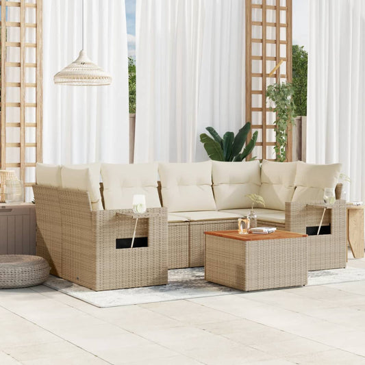 7-delige Loungeset met kussens poly rattan beige