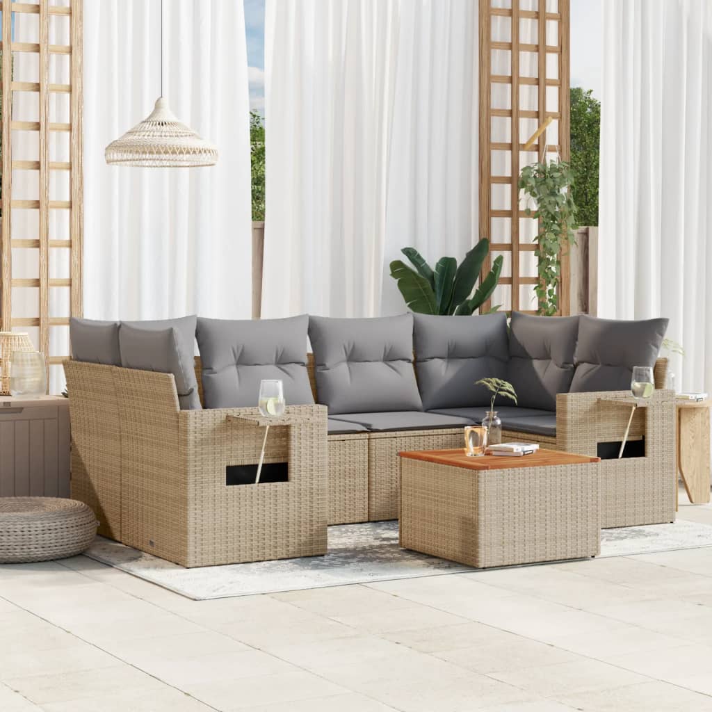 7-delige Loungeset met kussens poly rattan gemengd beige