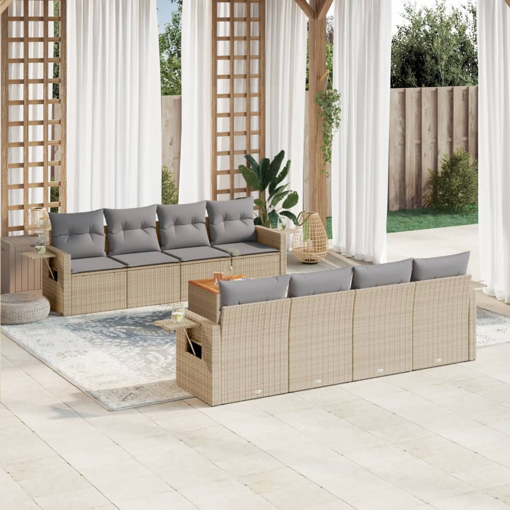 9-delige Loungeset met kussens poly rattan gemengd beige