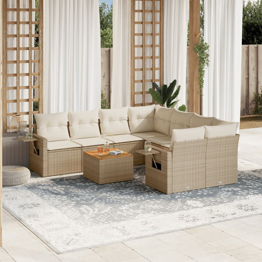 9-delige Loungeset met kussens poly rattan beige