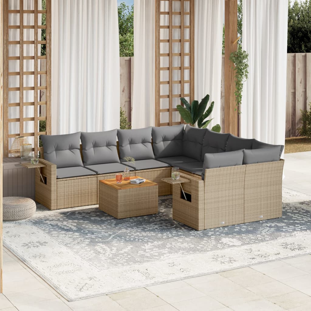 9-delige Loungeset met kussens poly rattan gemengd beige