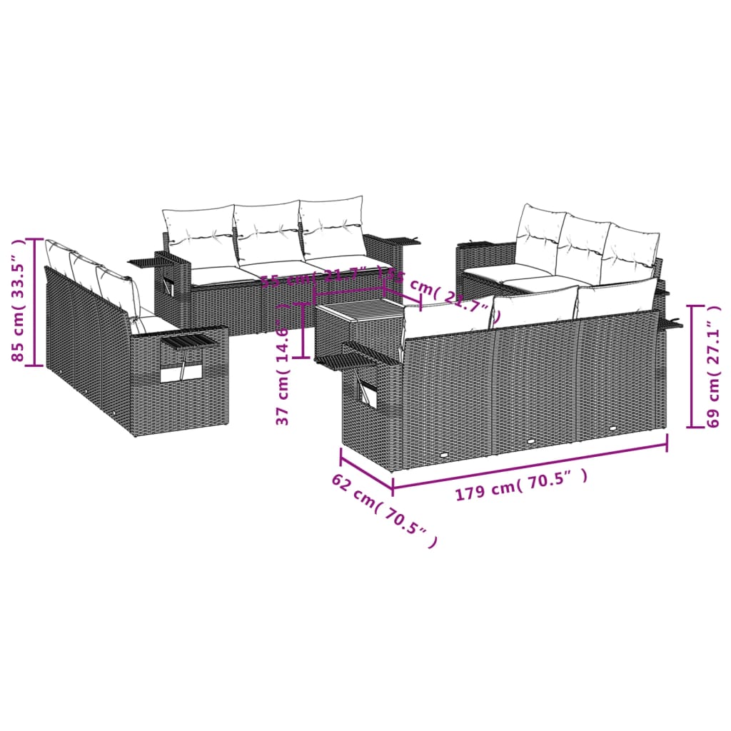 13-delige Loungeset met kussens poly rattan grijs