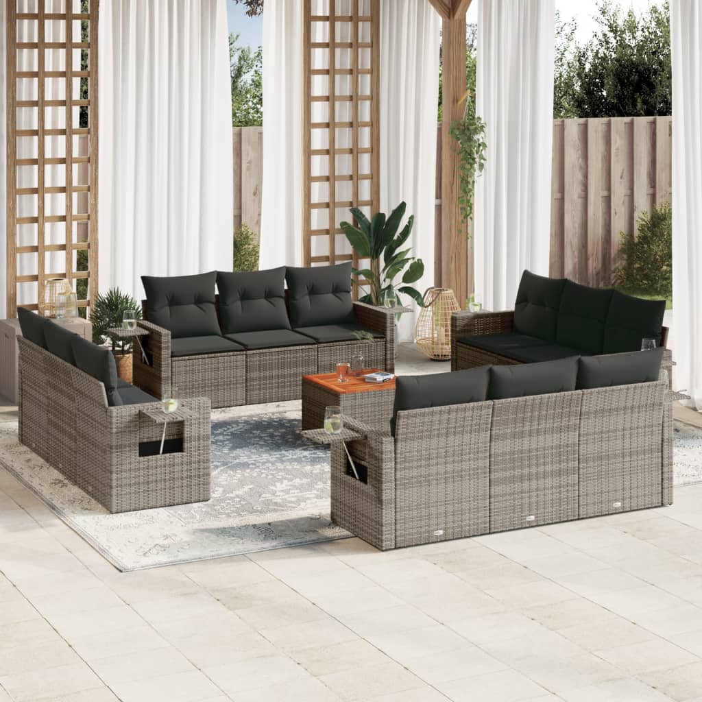 13-delige Loungeset met kussens poly rattan grijs